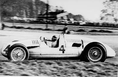 Tazio Nuvolari drove the Auto Union Type D racing car to victory in the 1938 
Grand Prix at Donington Park, Great Britain