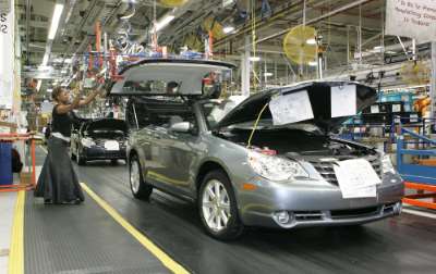 Chrysler Group's Sterling Heights Assembly worker Irene Clark uses an 
industry-first technology, the Spider Fixture, to set glass in the all-new 2008 
Chrysler Sebring Convertible
