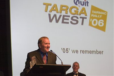 Targa West-winning driver Ross Dunkerton during his trophy acceptance speech