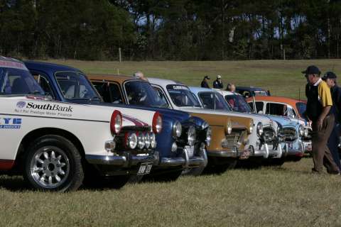 Some of the classic Peugeots 
lined up and ready to go, 
at the start of the 
'Peugeot Round 
Australia Re-Run'